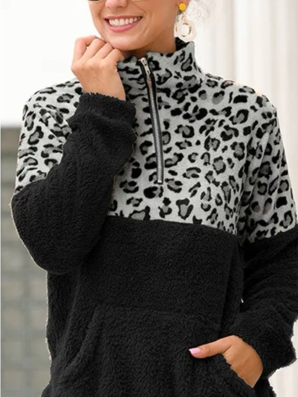 Leopard-Trim Sherpa Zip Mock Neck Pullover - Black/Grey